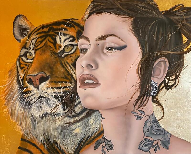 'Year Of The Tiger', 24"x30", oil and 24k gold leaf and white gold leaf on aluminum panel, 2022