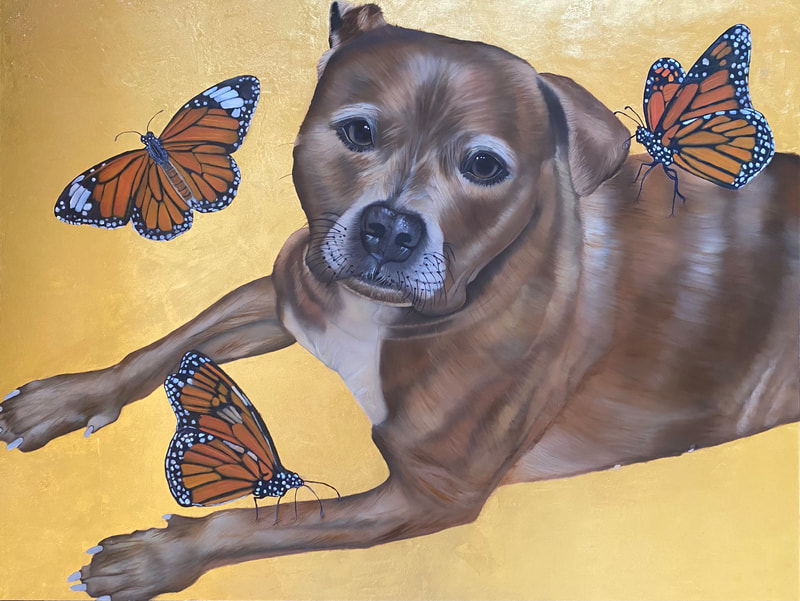 'Boca with butterflies' (commission), 16"x26", oil and 24k gold leaf on aluminum panel, 2022