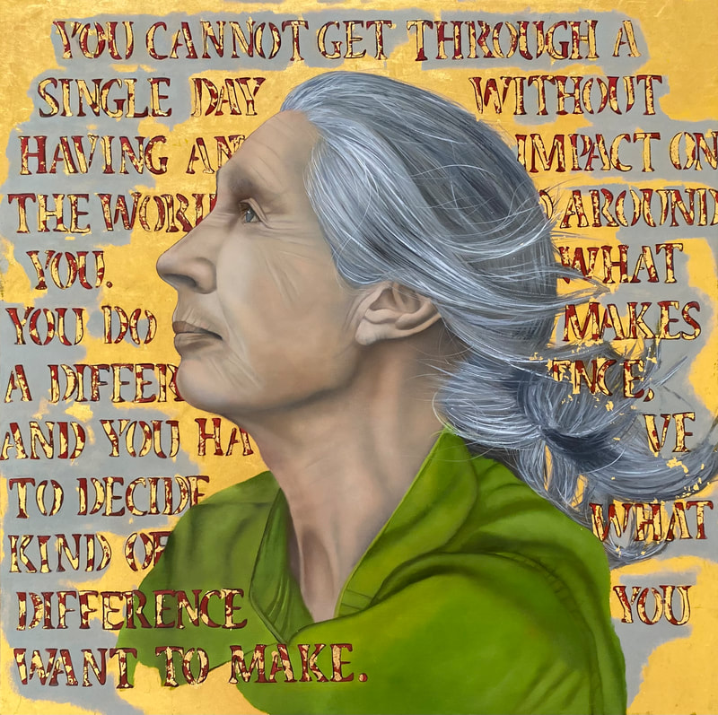 'Hope (portrait of Dr. Jane Goodall), 20" x 20", oil and 24k gold leaf on aluminum panel, 2022