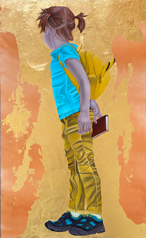 'Young girl with backpack'
  (after E. Irving Couse's 'Young girl with her back turned')
  , 26"x16", oil and 24K gold leaf on aluminum panel, 2022.